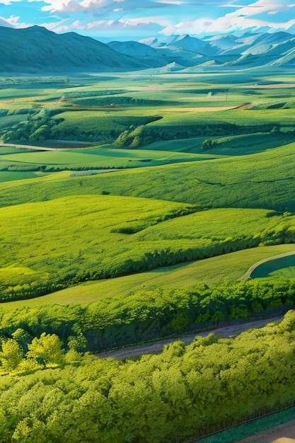 Hermoso paisaje papel tapiz fondo dibujos animados estilo cómico al aire libre montaña casa hierba flores