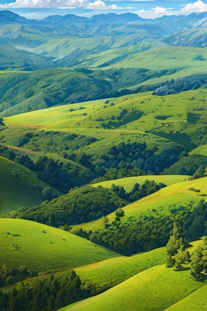 Hermoso paisaje papel tapiz fondo dibujos animados estilo cómico al aire libre montaña casa hierba flores