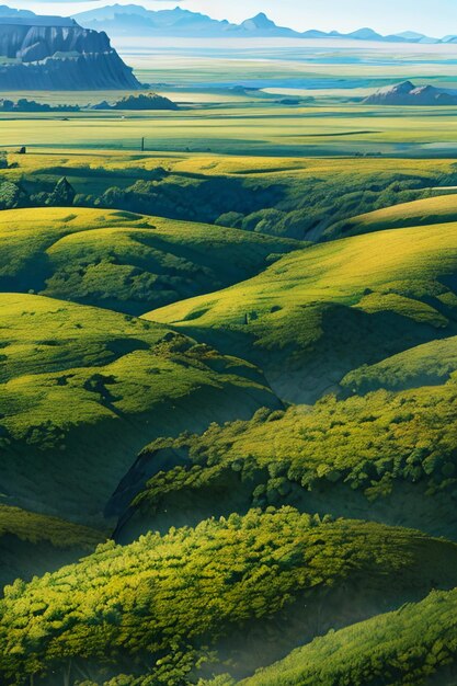 Hermoso paisaje papel tapiz fondo dibujos animados estilo cómico al aire libre montaña casa hierba flores