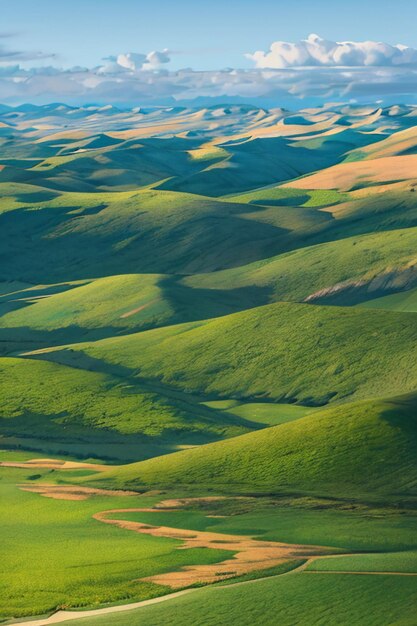 Hermoso paisaje papel tapiz fondo dibujos animados estilo cómico al aire libre montaña casa hierba flores