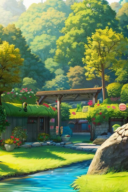 Hermoso paisaje papel tapiz fondo dibujos animados estilo cómico al aire libre montaña casa hierba flores