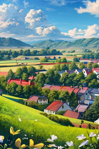 Hermoso paisaje papel tapiz fondo dibujos animados estilo cómico al aire libre montaña casa hierba flores