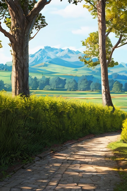 Hermoso paisaje papel tapiz fondo dibujos animados estilo cómico al aire libre montaña casa hierba flores