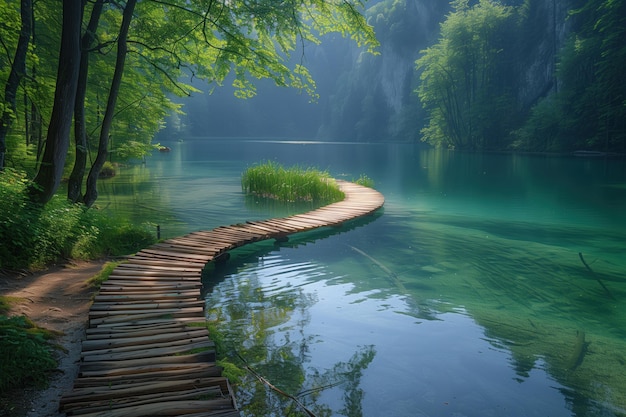 Foto hermoso paisaje con pasarelas de madera en una ruta turística a lo largo de la orilla de un lago de montaña