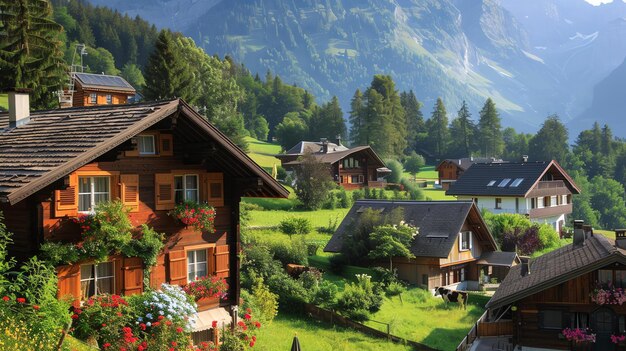 Un hermoso paisaje de un pequeño pueblo en las montañas las casas están hechas de madera y tienen flores en sus balcones