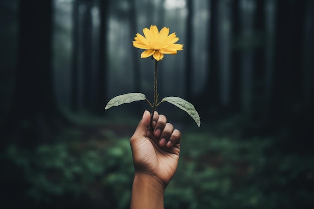 Hermoso paisaje con una persona sosteniendo una flor amarilla IA generativa