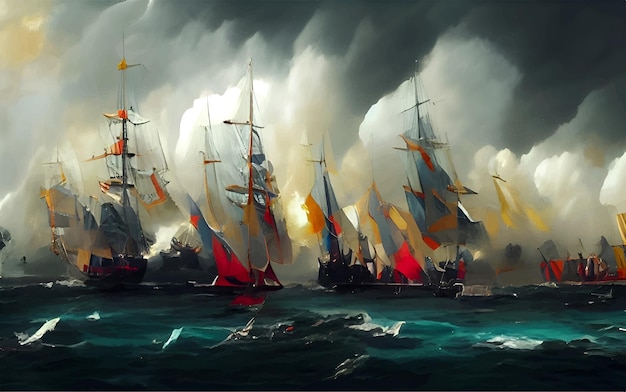 Hermoso paisaje de pintura de tormenta de barco