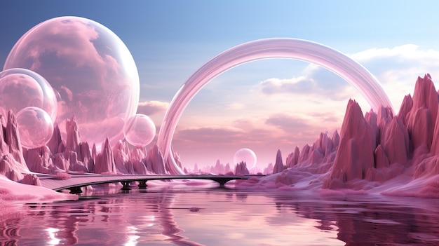 Hermoso paisaje de planeta de fantasía con tema rosa