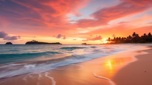 hermoso paisaje de una playa durante la puesta de sol con una pequeña ola