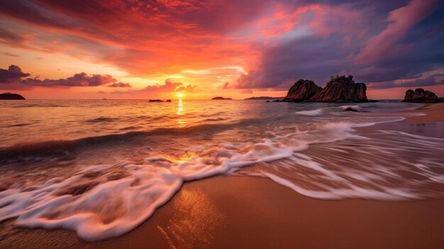 hermoso paisaje de una playa durante la puesta de sol con una pequeña ola