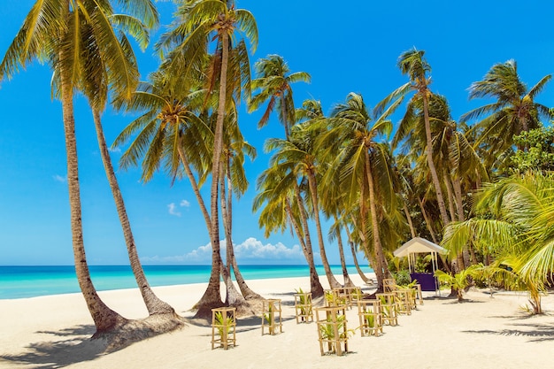 Hermoso paisaje de playa tropical Cocoteros mar velero y arena blanca