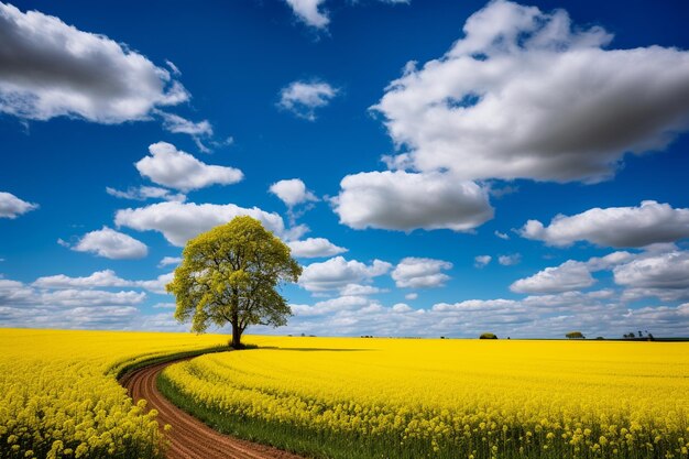 Hermoso paisaje primaveral con un campo de colza en flor y un árbol solitario