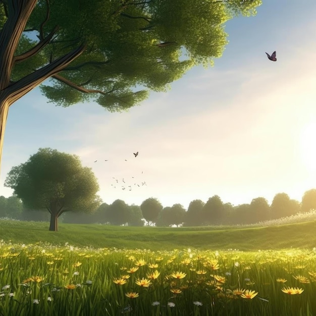 Hermoso paisaje primaveral con hierba verde y flores 3D Render