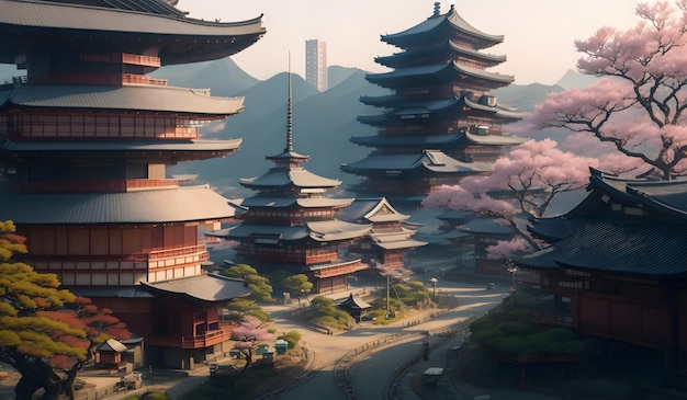 Hermoso paisaje de pueblo antiguo de Japón IA generativa