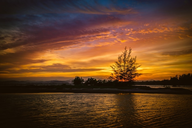 Hermoso paisaje de puesta de sol sobre el mar con el árbol de la silueta en Tailandia.