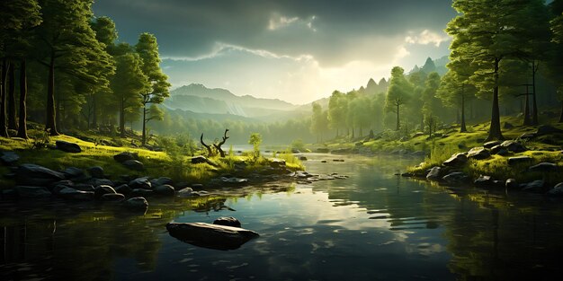 Hermoso paisaje con un río de montaña en los rayos del sol poniente