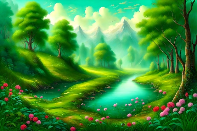 Hermoso paisaje con río y montañas de fondo Pintura digital