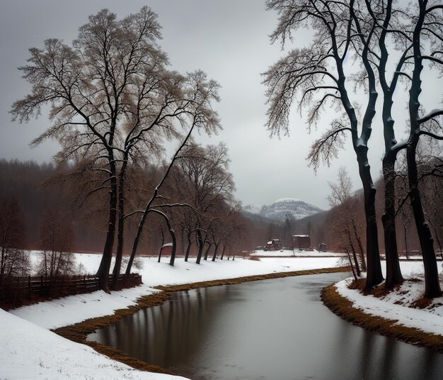 Hermoso paisaje con río y nieve.