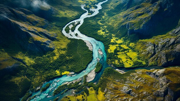 hermoso paisaje del río que atraviesa las montañas generativa IA