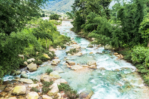 Hermoso paisaje con río rocoso de montaña. Concepto de paisaje, viajes y turismo asiático.