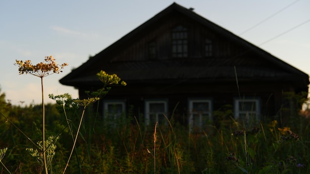 Hermoso paisaje rústico de verano viejas casas de troncos de madera región de Vologda