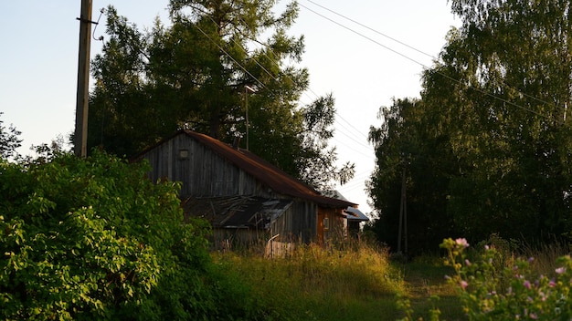 Hermoso paisaje rústico de verano viejas casas de troncos de madera región de Vologda