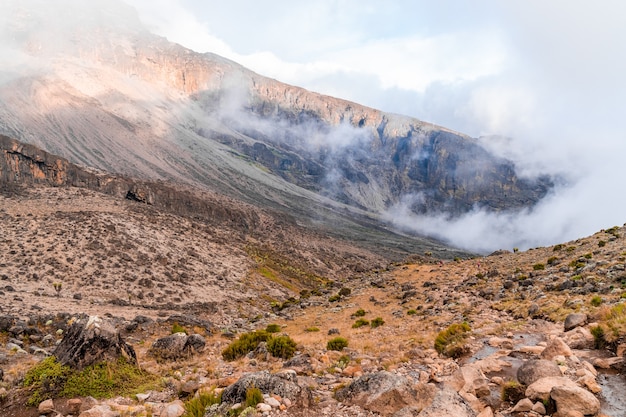 Hermoso paisaje de Tanzania y Kenia desde la montaña Kilimanjaro. Rocas, arbustos y terreno volcánico vacío alrededor del volcán Kilimanjaro.