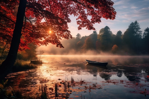 Hermoso paisaje de la temporada de otoño con un lago IA generativa