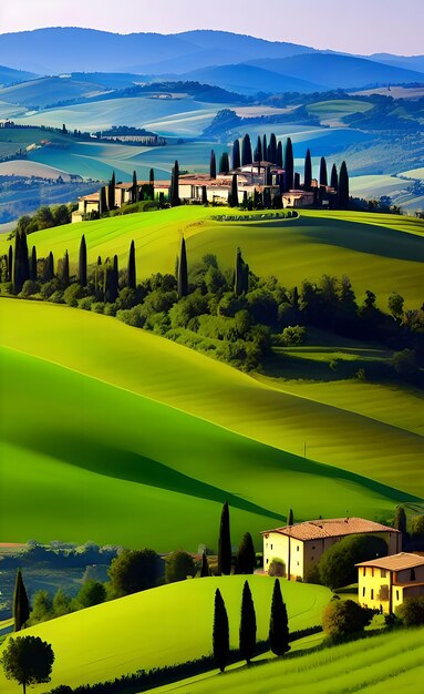 Foto un hermoso paisaje de toscana con un pueblo en primer plano.