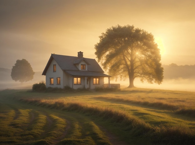 Hermoso paisaje de tranquilo campo con una casa y campos