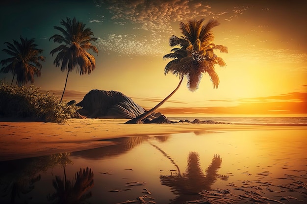 Hermoso paisaje tropical de playa increíble en la temporada de verano con puesta de sol en el fondo