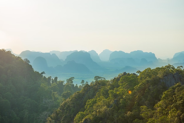 Hermoso paisaje tropical con selva tropical de montaña y cresta rocosa empinada en el horizonte al atardecer. Krabi, Tailandia