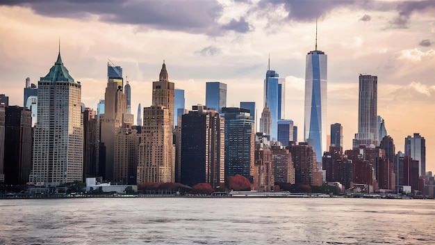 Hermoso paisaje urbano con altos rascacielos cerca del mar en la ciudad de Nueva York, Estados Unidos