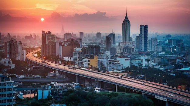 Hermoso paisaje urbano de Bangkok y puente de la autopista en Tailandia