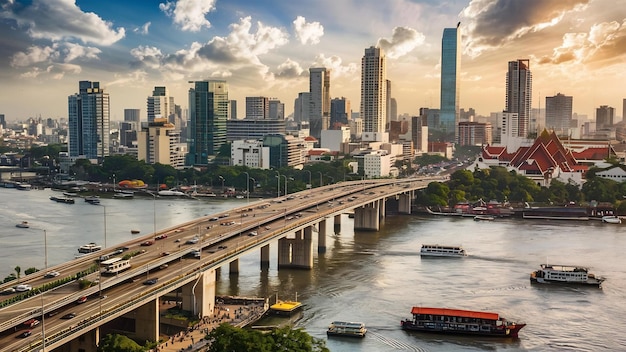 Hermoso paisaje urbano de Bangkok y puente de la autopista en Tailandia
