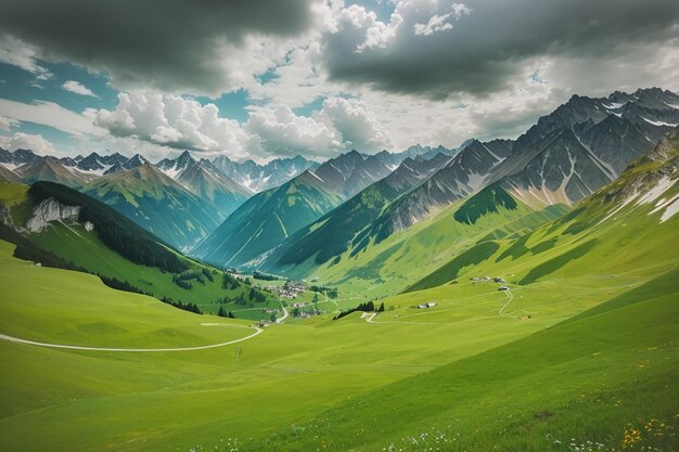 Hermoso paisaje de un valle verde cerca de las montañas alpinas en Austria bajo el cielo nublado