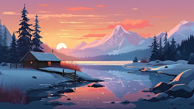 hermoso paisaje de vector mínimo naturaleza con montañas de selva nieve puesta de sol y estanque de agua