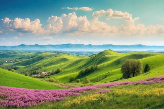 Hermoso paisaje de verano con campos verdes y flores rosadas generadas por la IA