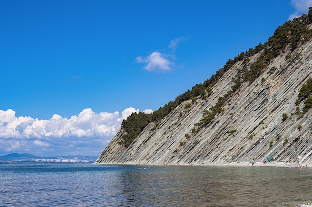 Foto hermoso paisaje de verano, cielo azul brillante con nubes, acantilados con árboles y una playa de piedra salvaje. la ciudad turística de gelendzhik. rusia, costa del mar negro