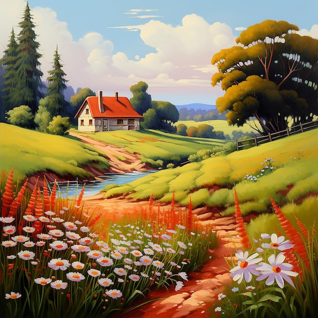 Un hermoso paisaje de verano con flores y una casa roja