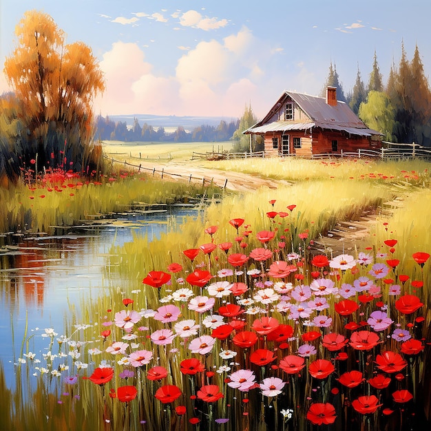 Un hermoso paisaje de verano con flores y una casa roja