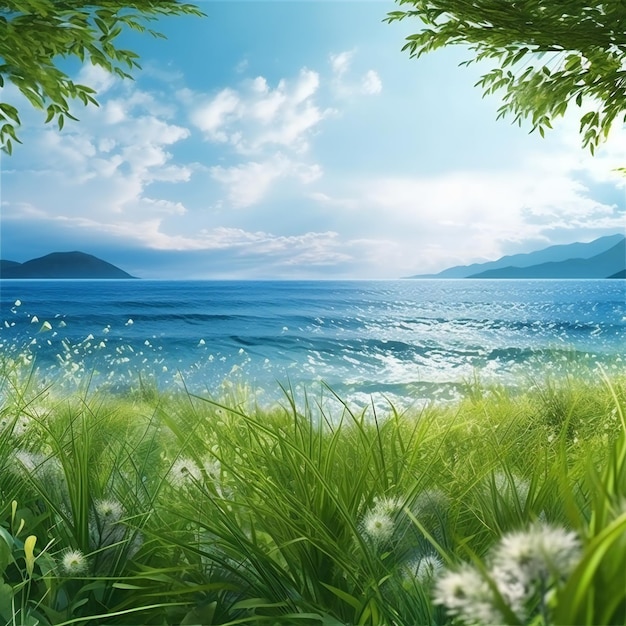 Hermoso paisaje de verano con hierba verde y mar azul Composición de la naturaleza