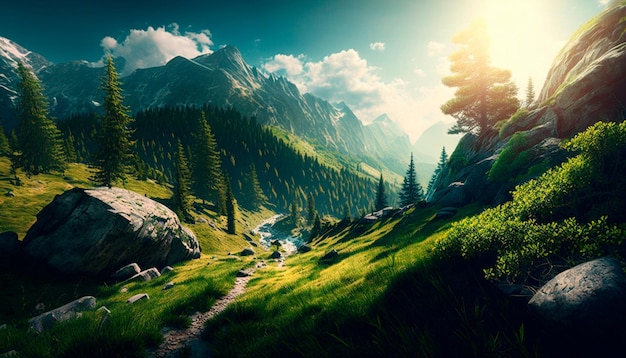 Hermoso paisaje de verano de montaña con colinas verdes