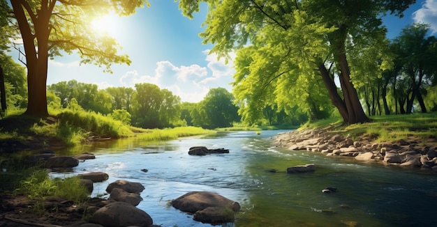 hermoso paisaje de verano con un río y árboles verdes en un día soleado