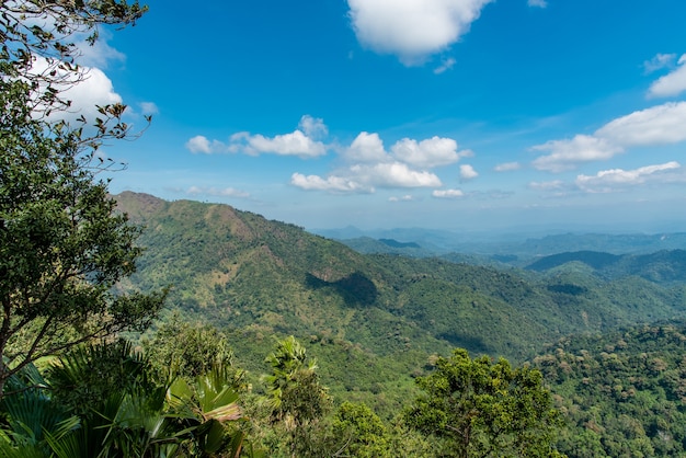 Hermoso paisaje de vista a la montaña y cielo azul.