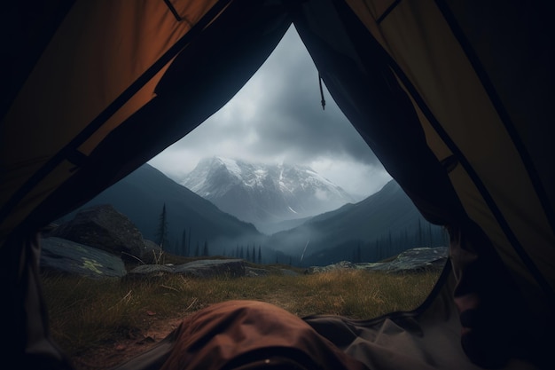 Un hermoso paisaje visto desde el interior de una acogedora carpa IA generativa