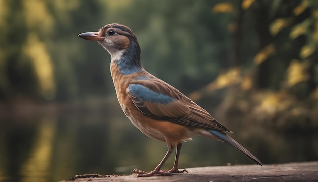 Un hermoso pájaro bebe agua del lago en el fondo del bosque AI Generado AI Generativo