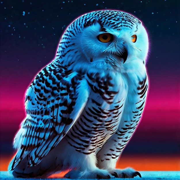 Foto hermoso pájaro búho de nieve de pie luz de neón fotografía de color imagen imagen ai generado foto