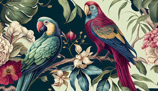 Un hermoso pájaro colorido con tema de primavera estacional Fondo de ilustración de pájaro retro vintage y clásico para fondo de pantalla Ai generativo