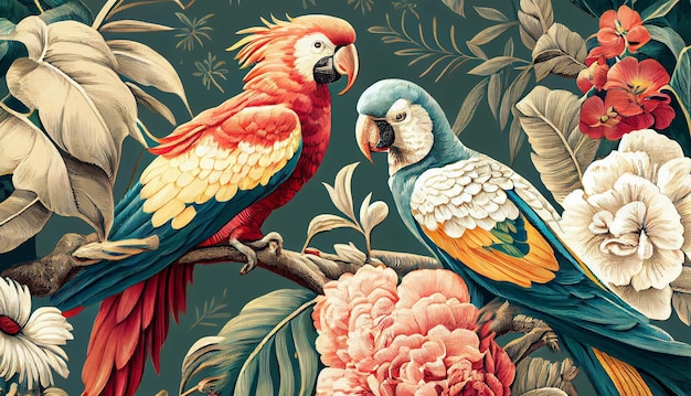 Un hermoso pájaro colorido con tema de primavera estacional Fondo de ilustración de pájaro retro vintage y clásico para fondo de pantalla Ai generativo